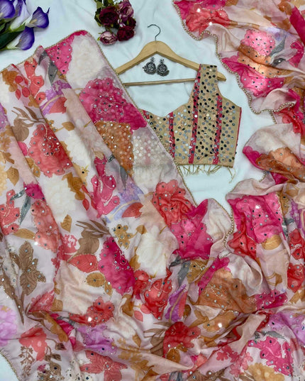 Real Mirror Work Saree | Premium Tabby Silk with Sequins & Pearl Lace - Rosepetals Luxe