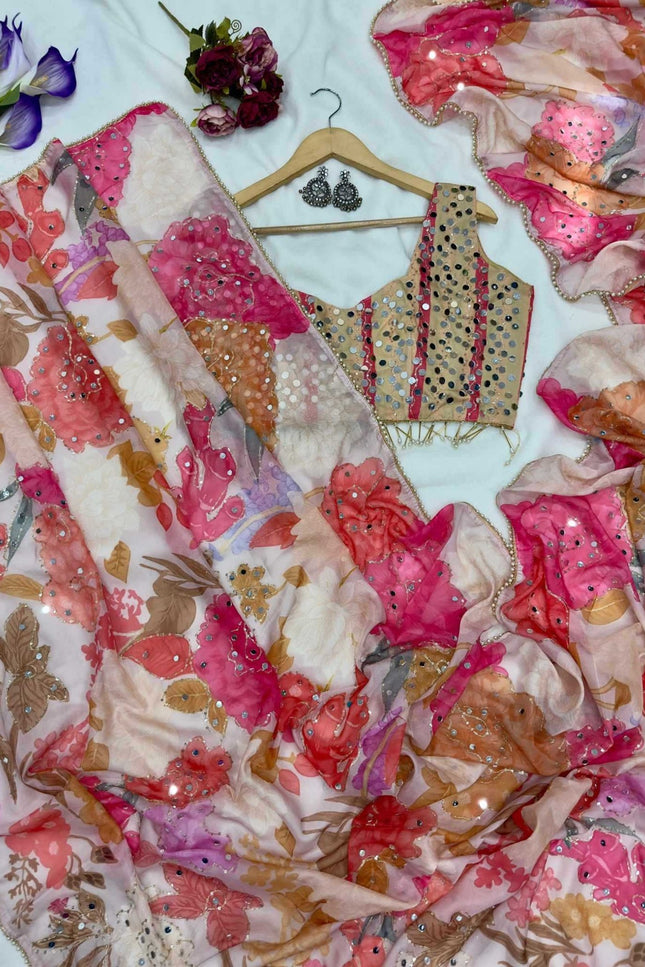 Real Mirror Work Saree | Premium Tabby Silk with Sequins & Pearl Lace - Rosepetals Luxe