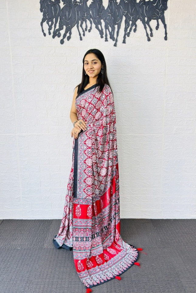 Real Mirror Work Semi Gajji Japan Satin Silk Saree | Party Wear - Rosepetals Luxe