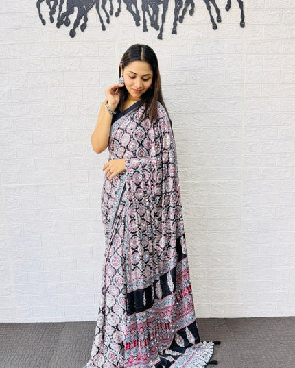 Real Mirror Work Semi Gajji Japan Satin Silk Saree | Party Wear - Rosepetals Luxe