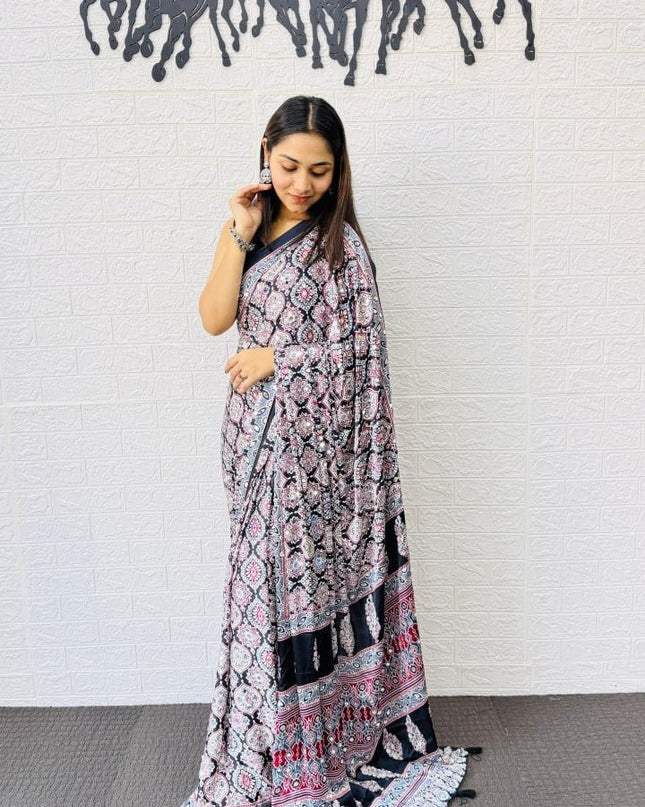 Real Mirror Work Semi Gajji Japan Satin Silk Saree | Party Wear - Rosepetals Luxe
