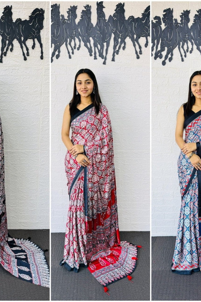 Real Mirror Work Semi Gajji Japan Satin Silk Saree | Party Wear - Rosepetals Luxe