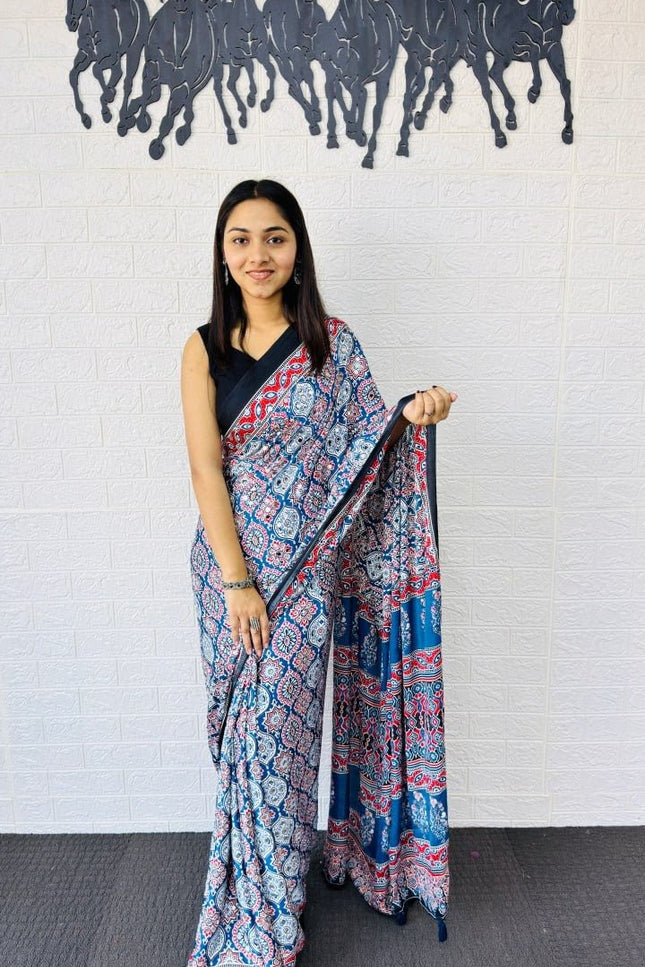 Real Mirror Work Semi Gajji Japan Satin Silk Saree | Party Wear - Rosepetals Luxe