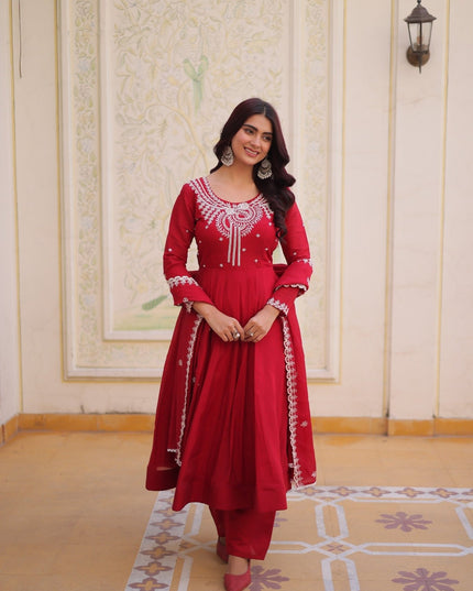 Red Anarkali Gown Set | Mal Chanderi with Beads Embroidery Work | 4 Mtr Flair | Fully Stitched - Rosepetals Luxe
