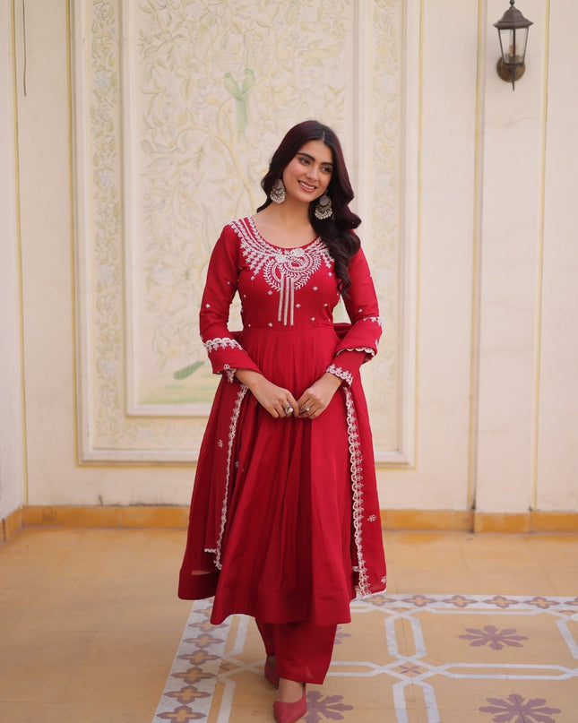 Red Anarkali Gown Set | Mal Chanderi with Beads Embroidery Work | 4 Mtr Flair | Fully Stitched - Rosepetals Luxe