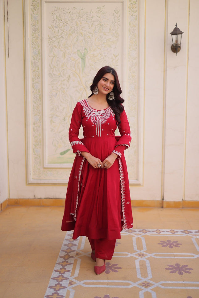 Red Anarkali Gown Set | Mal Chanderi with Beads Embroidery Work | 4 Mtr Flair | Fully Stitched - Rosepetals Luxe