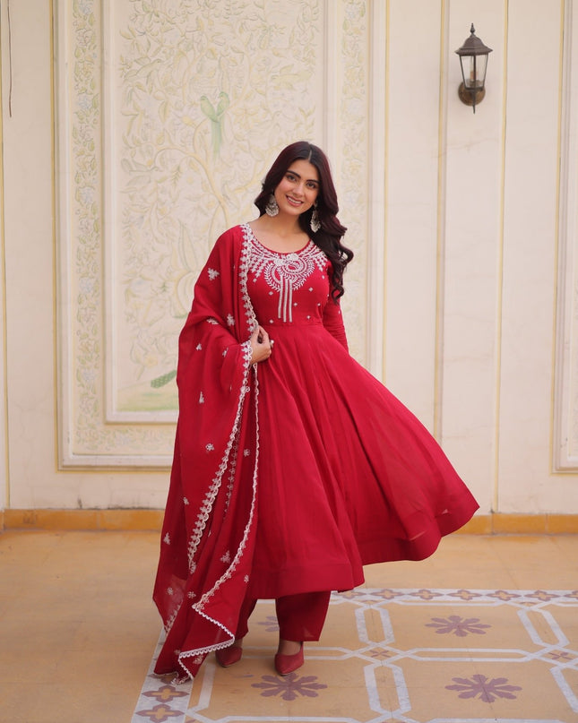 Red Anarkali Gown Set | Mal Chanderi with Beads Embroidery Work | 4 Mtr Flair | Fully Stitched - Rosepetals Luxe
