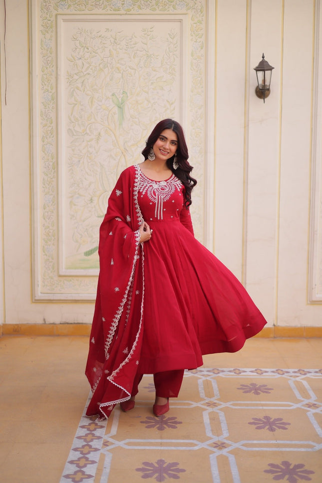 Red Anarkali Gown Set | Mal Chanderi with Beads Embroidery Work | 4 Mtr Flair | Fully Stitched - Rosepetals Luxe