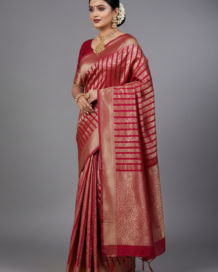Handloom Pure Silk Saree | Silver And Golden Zari Weaving - Rosepetals Luxe