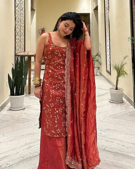 Red Chinon Embroidery Top, Pant and Dupatta Set - Rosepetals Luxe