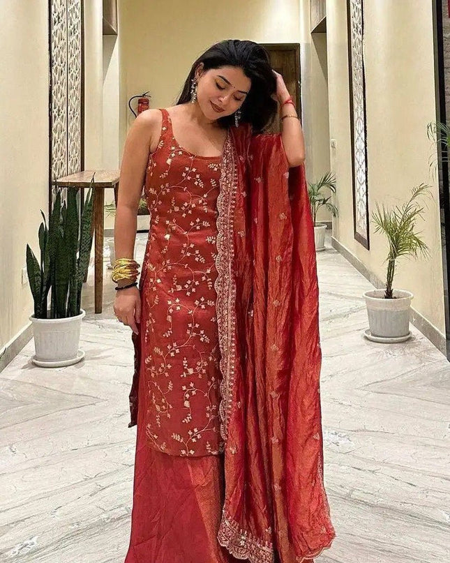 Red Chinon Embroidery Top, Pant and Dupatta Set - Rosepetals Luxe