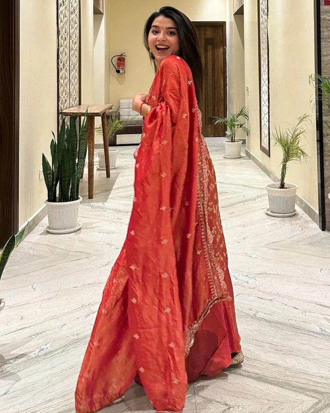 Red Chinon Embroidery Top, Pant and Dupatta Set - Rosepetals Luxe