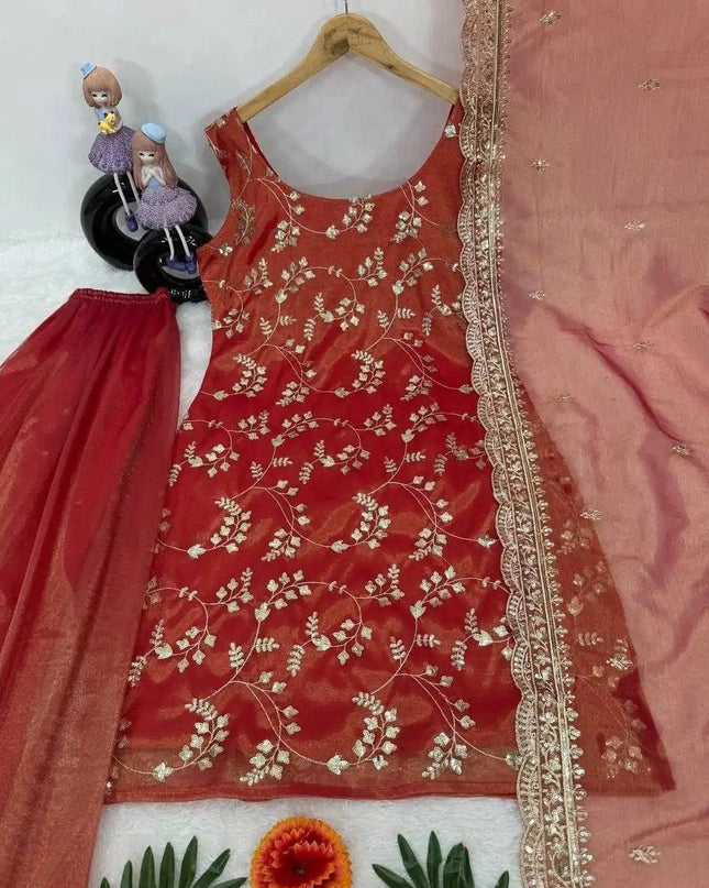 Red Chinon Embroidery Top, Pant and Dupatta Set - Rosepetals Luxe