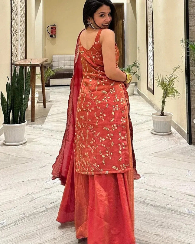 Red Chinon Embroidery Top, Pant and Dupatta Set - Rosepetals Luxe
