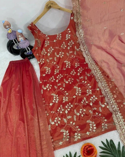 Red Chinon Embroidery Top, Pant and Dupatta Set - Rosepetals Luxe