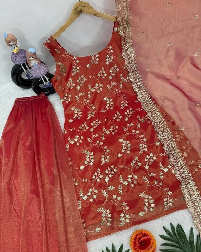Red Chinon Embroidery Top, Pant and Dupatta Set - Rosepetals Luxe