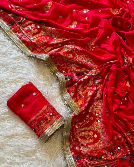 Red Gaji Silk Mirror Work Saree with Moti Border - Rosepetals Luxe