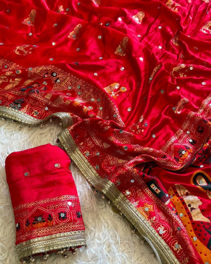 Red Gaji Silk Mirror Work Saree with Moti Border - Rosepetals Luxe