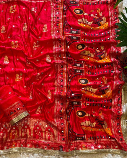 Red Gaji Silk Mirror Work Saree with Moti Border - Rosepetals Luxe
