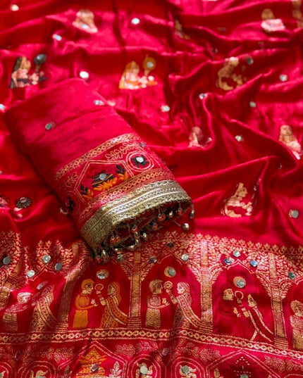 Red Gaji Silk Mirror Work Saree with Moti Border - Rosepetals Luxe