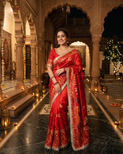 Red Gaji Silk Mirror Work Saree with Moti Border - Rosepetals Luxe