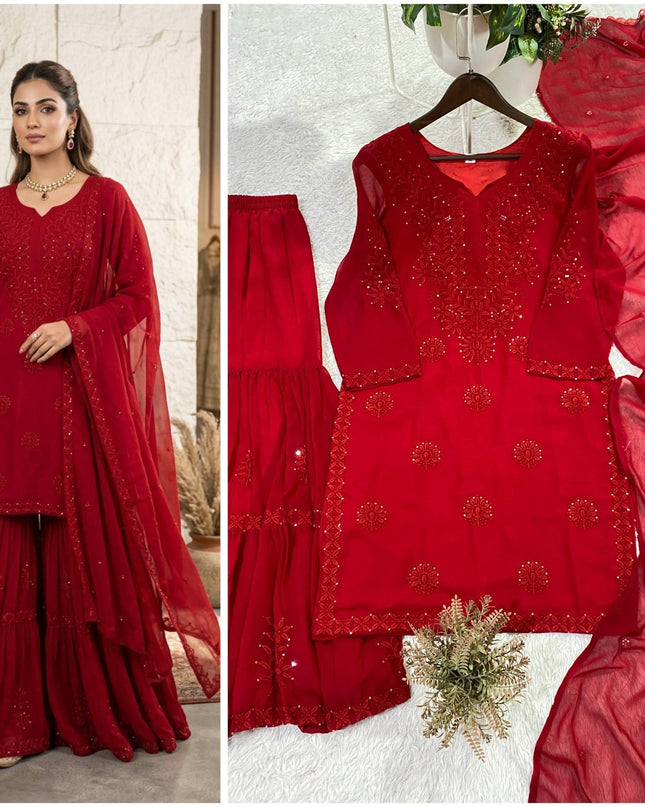 Red Georgette Sharara Suit With Sequence Embroidery | Perfect for Festives, Party - Rosepetals Luxe