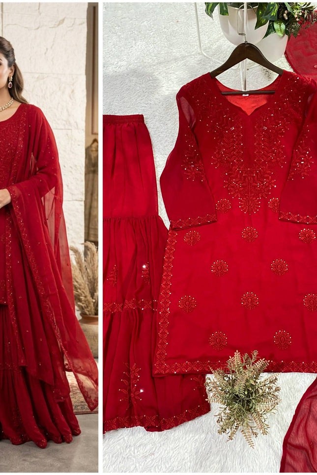 Red Georgette Sharara Suit With Sequence Embroidery | Perfect for Festives, Party - Rosepetals Luxe
