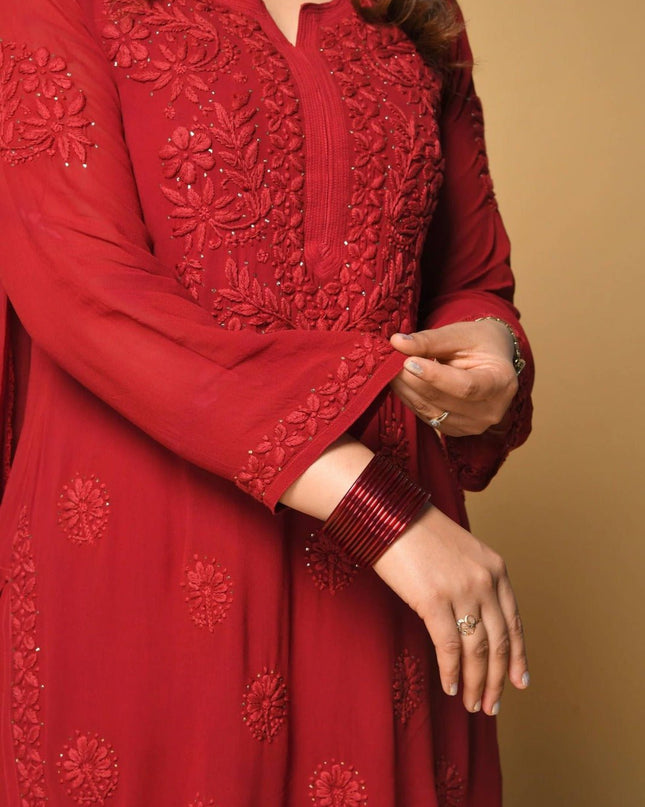 Red Georgette Sharara Suit With Sequence Embroidery | Perfect for Festives, Party - Rosepetals Luxe