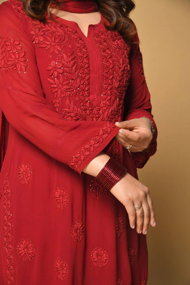 Red Georgette Sharara Suit With Sequence Embroidery | Perfect for Festives, Party - Rosepetals Luxe