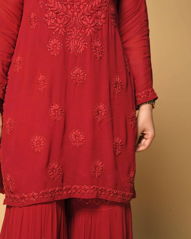Red Georgette Sharara Suit With Sequence Embroidery | Perfect for Festives, Party - Rosepetals Luxe