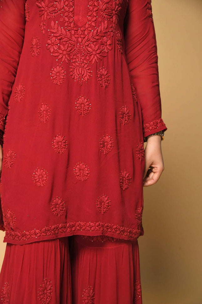 Red Georgette Sharara Suit With Sequence Embroidery | Perfect for Festives, Party - Rosepetals Luxe