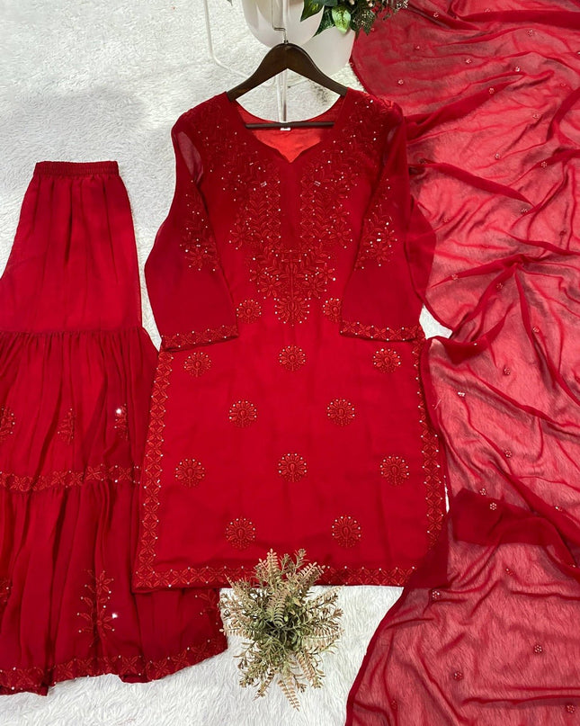 Red Georgette Sharara Suit With Sequence Embroidery | Perfect for Festives, Party - Rosepetals Luxe