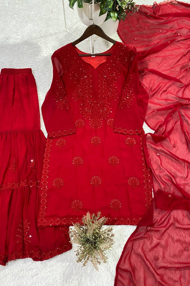 Red Georgette Sharara Suit With Sequence Embroidery | Perfect for Festives, Party - Rosepetals Luxe