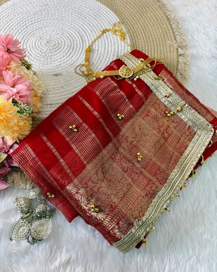 Red Jacquard Tissue Saree with Ghungroo Border - Rosepetals Luxe