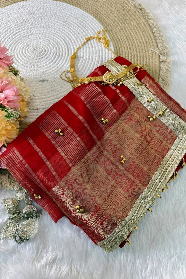 Red Jacquard Tissue Saree with Ghungroo Border - Rosepetals Luxe