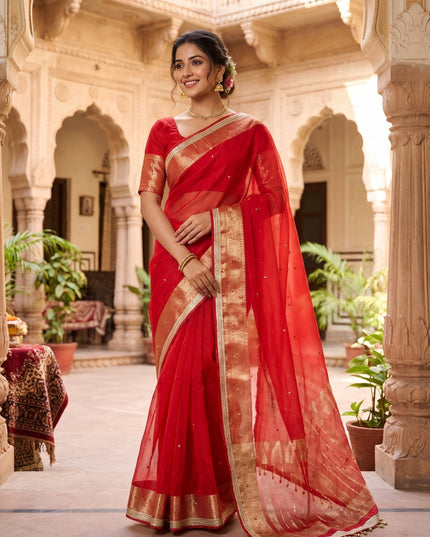 Red Jacquard Tissue Saree with Ghungroo Border - Rosepetals Luxe