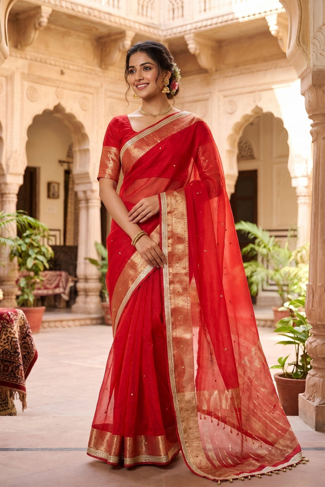 Red Jacquard Tissue Saree with Ghungroo Border - Rosepetals Luxe