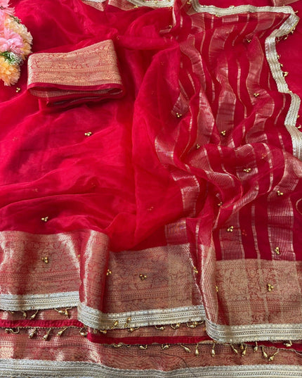 Red Jacquard Tissue Saree with Ghungroo Border - Rosepetals Luxe