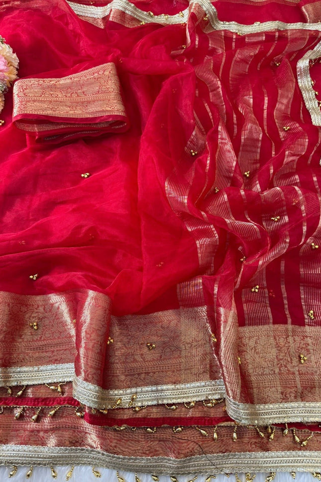 Red Jacquard Tissue Saree with Ghungroo Border - Rosepetals Luxe