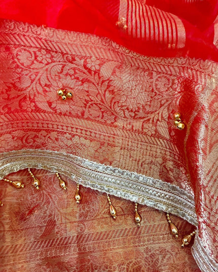 Red Jacquard Tissue Saree with Ghungroo Border - Rosepetals Luxe