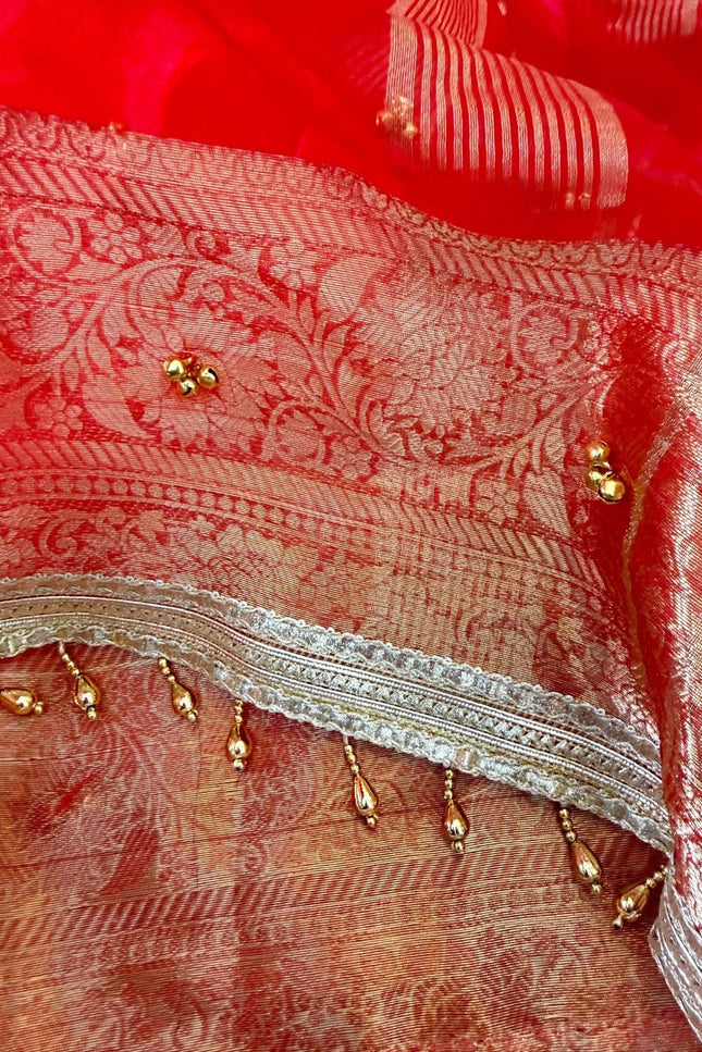 Red Jacquard Tissue Saree with Ghungroo Border - Rosepetals Luxe