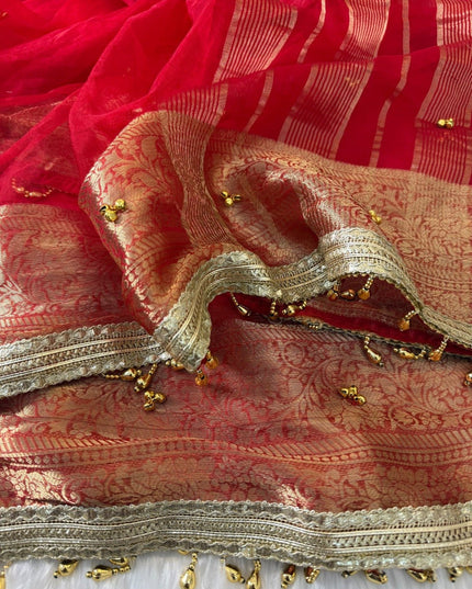 Red Jacquard Tissue Saree with Ghungroo Border - Rosepetals Luxe