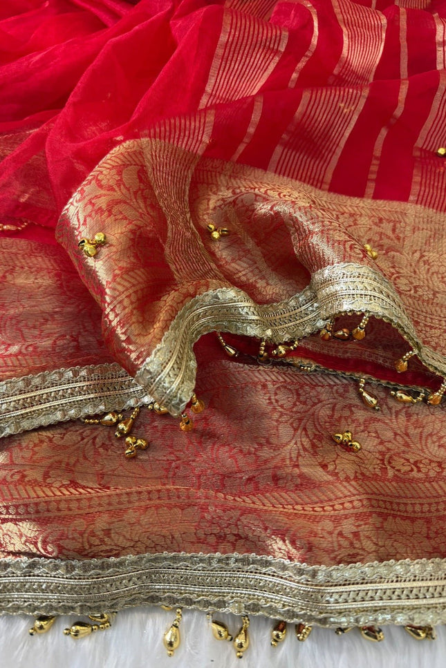 Red Jacquard Tissue Saree with Ghungroo Border - Rosepetals Luxe