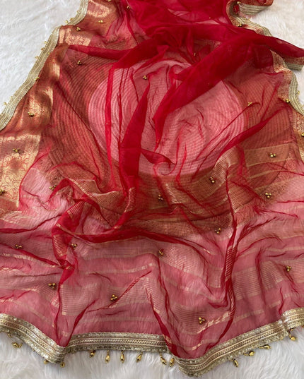 Red Jacquard Tissue Saree with Ghungroo Border - Rosepetals Luxe