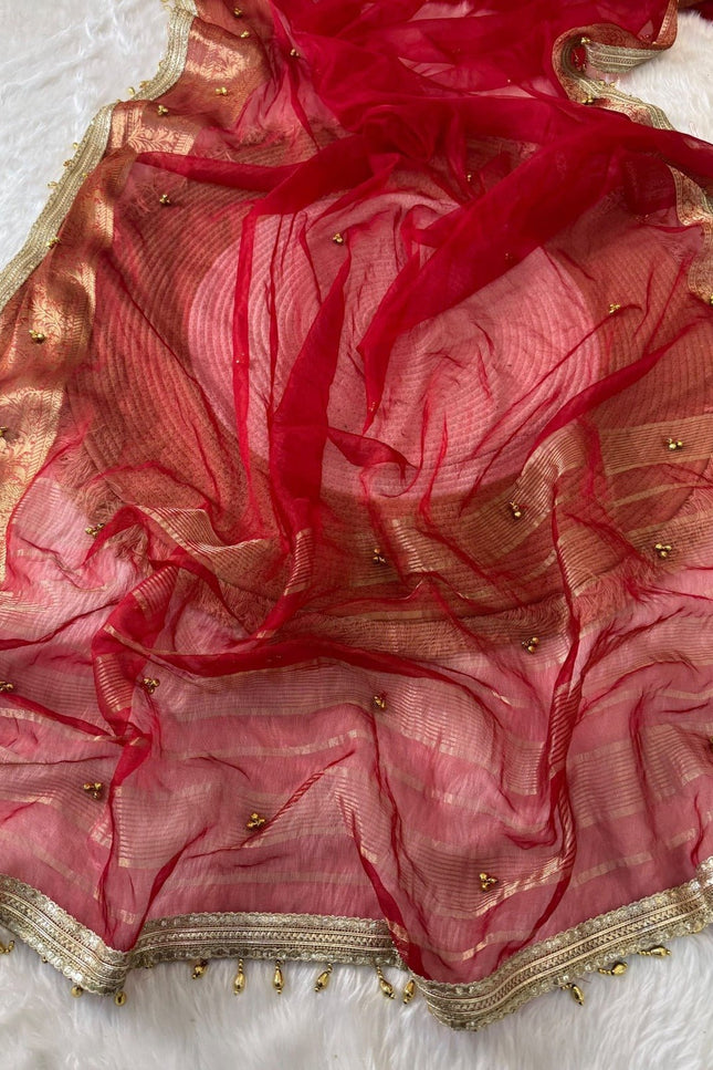 Red Jacquard Tissue Saree with Ghungroo Border - Rosepetals Luxe