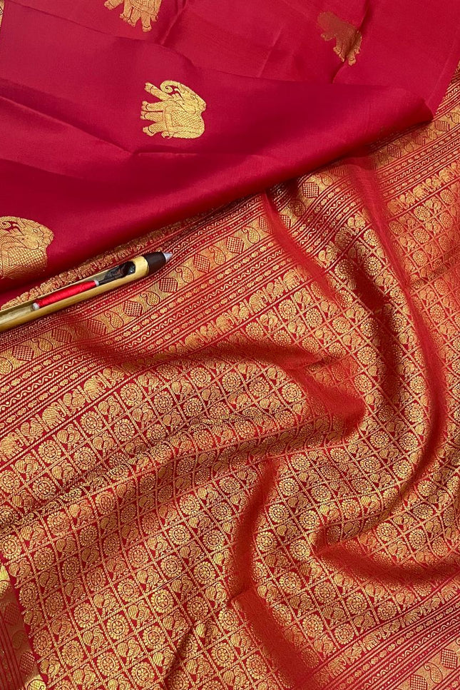 Red Kanchipuram Silk Mark Certified Pure Silk Saree - Rosepetals Luxe