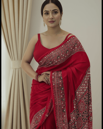 Red Semi Gajji Silk Saree with Mirror Work & Latkan Pallu - Rosepetals Luxe