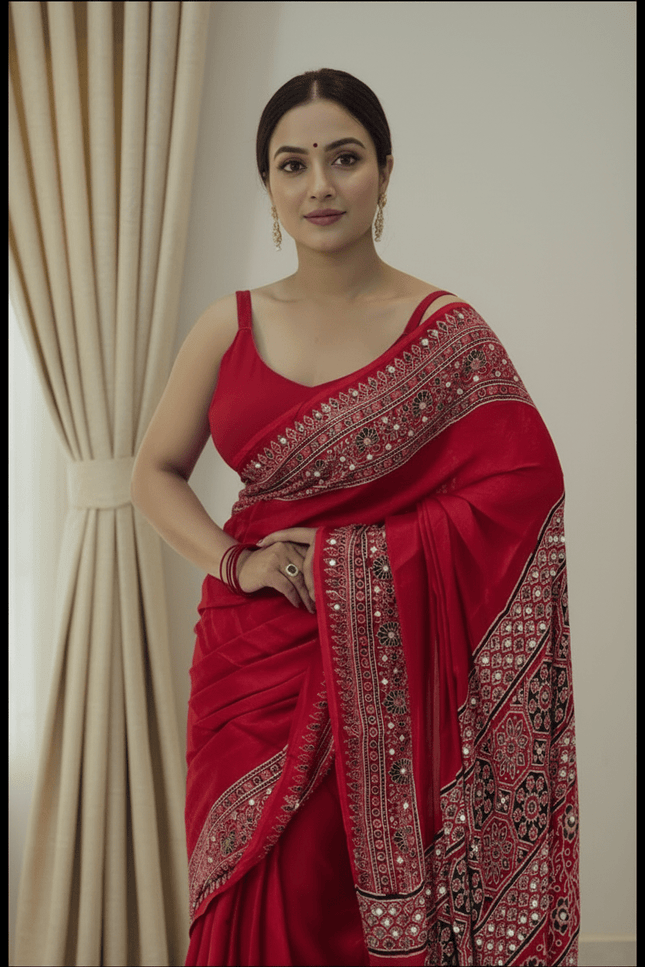 Red Semi Gajji Silk Saree with Mirror Work & Latkan Pallu - Rosepetals Luxe