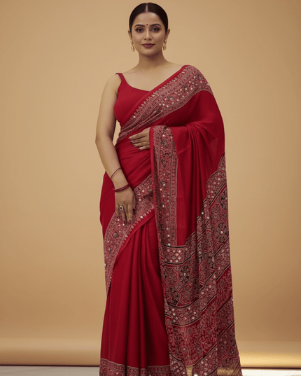 Red Semi Gajji Silk Saree with Mirror Work & Latkan Pallu - Rosepetals Luxe