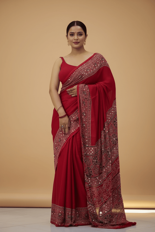 Red Semi Gajji Silk Saree with Mirror Work & Latkan Pallu - Rosepetals Luxe
